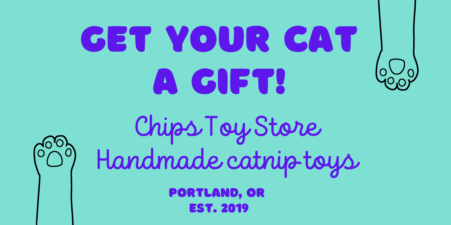 A banner for a cat toy store, there is an image of a cat paw on the top and one on the bottom. A blue font saying "get your cat a gift" on a mint green background.
