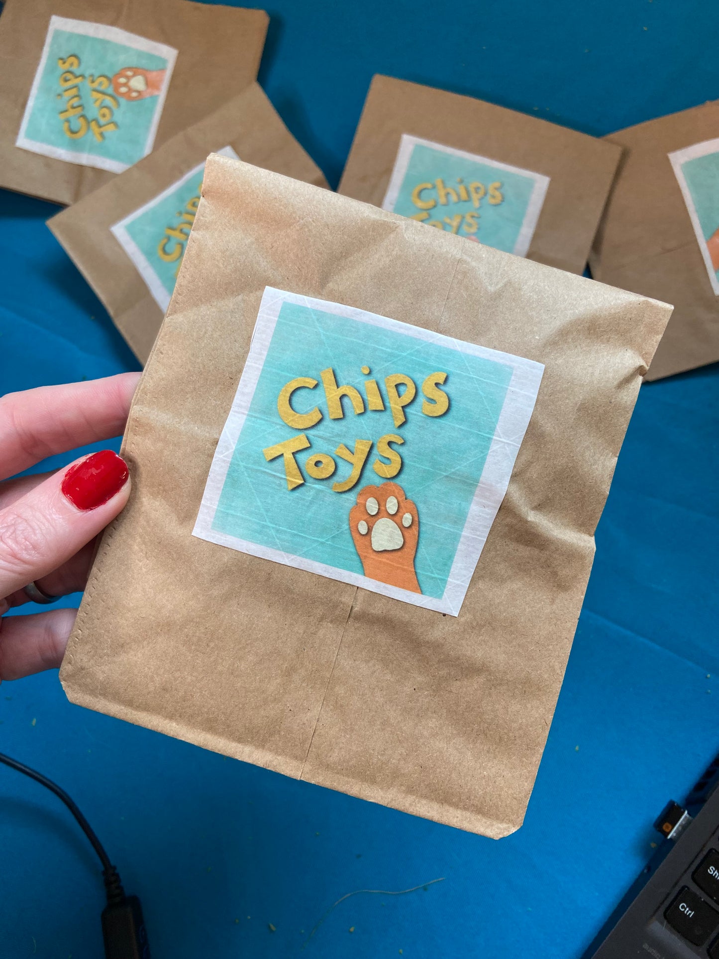 A person with red nail polish holds a brown paper bag. On the bag is a square sticker that says "Chips Toys" with an orange paw print drawing below the words. There are several more bags on a blue tablecloth in the background.