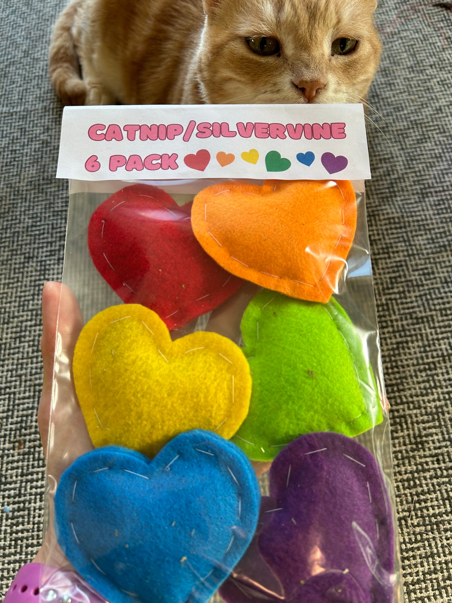 6 Pack of Rainbow Hearts - Catnip/Silvervine blend