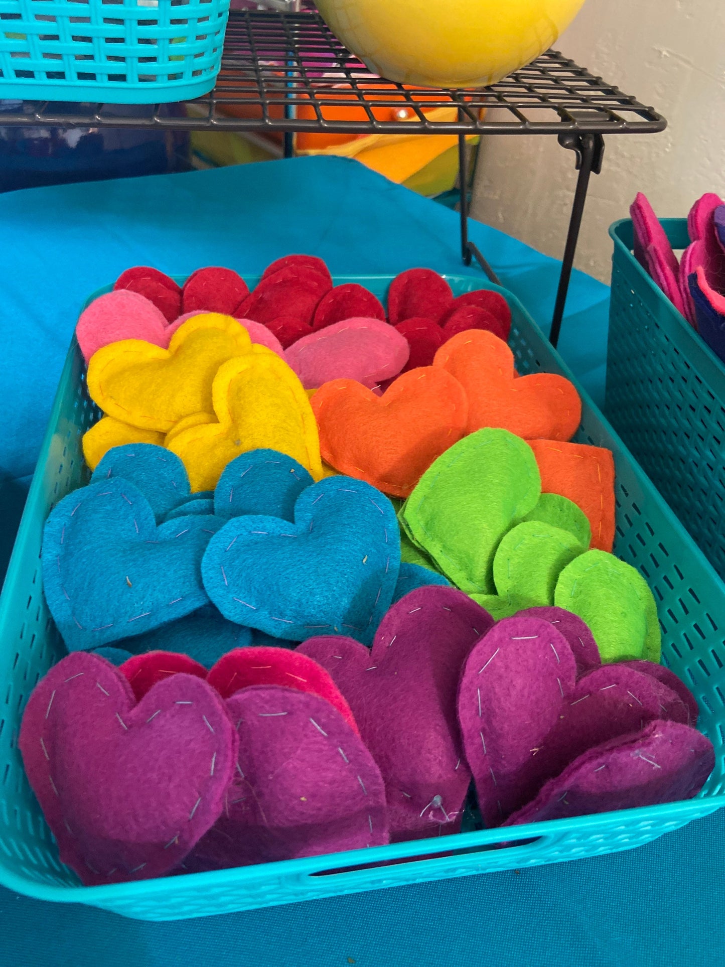 Set of 3 bright colored mini hearts catnip cat toys