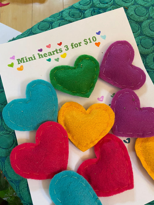 Set of 3 bright colored mini hearts catnip cat toys