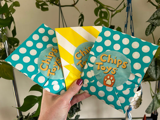 A person holding three paper bags, two are teal with polka dots, one is yellow with stripes. The bags have a blue sticker on them that says "Chips Toys" and has a little orange paw drawing below that. There are some houseplants in the background.
